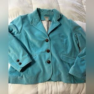 LL Bean Three Button Lined Turquoise Blue Velvet Blazer 20P
